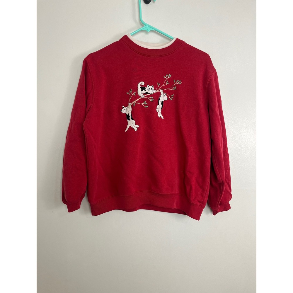 Vintage Grandma Core Cat Sweatshirt Layered Women PM Red Embroidered Kittens